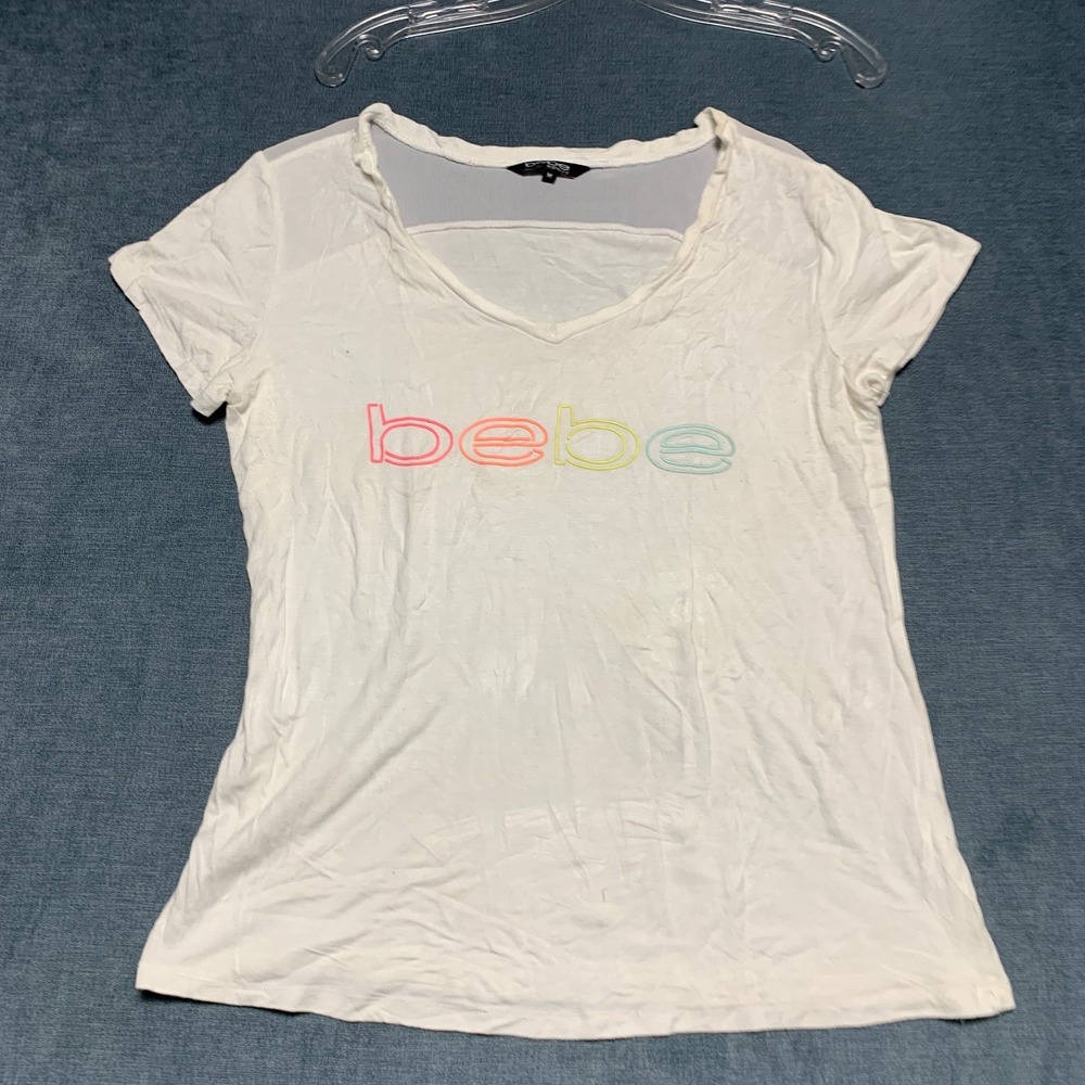 Bebe Sport T Shirt Womens Medium White V Neck Logo Print Short Sleeve Pullover